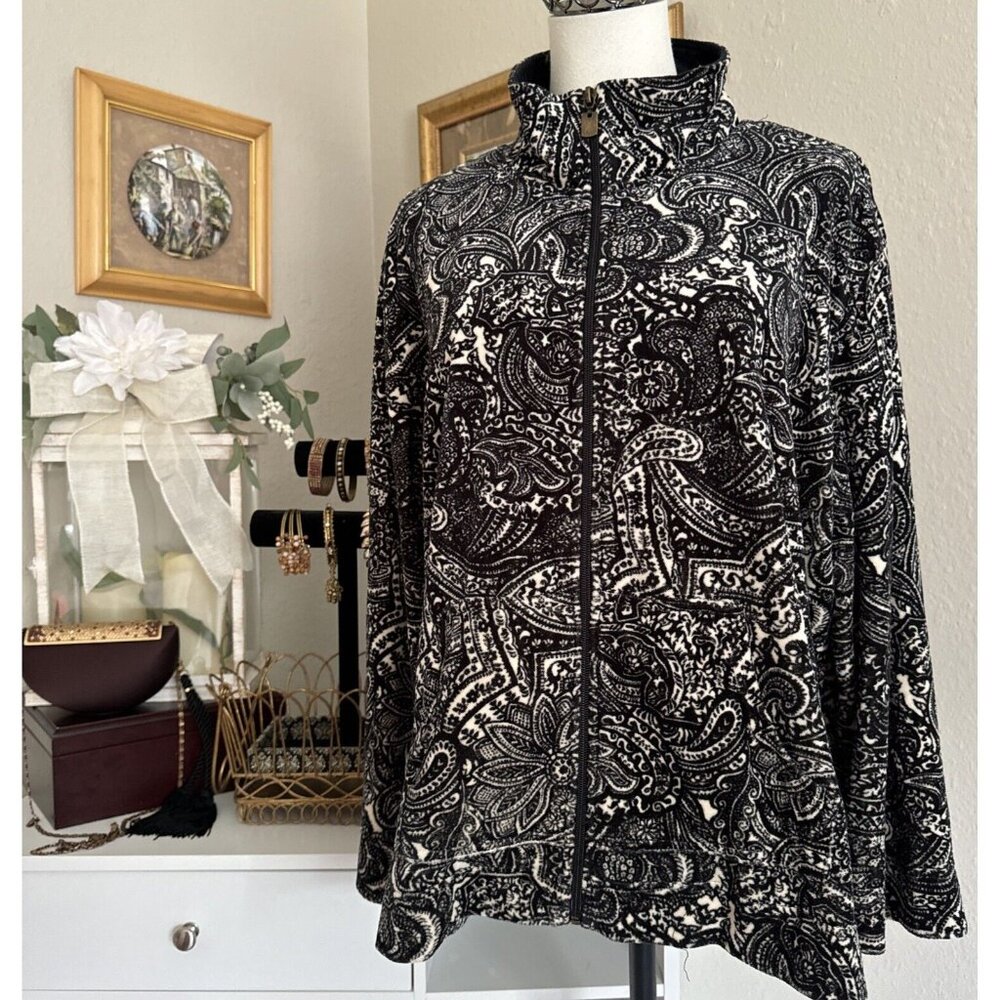 Vintage Women’s Velour Halter Active Sweater Black White Full Zip Size 1X